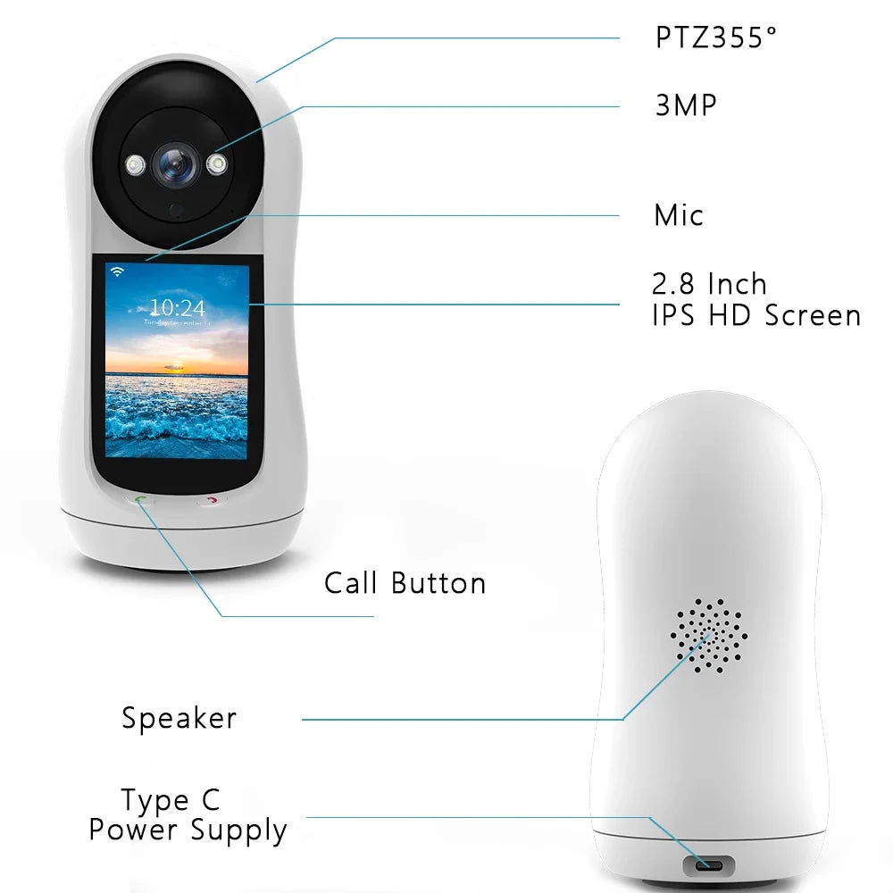 NEW 3MP PTZ Wifi Camera Video Call with 2.8 Inch IPS Screen Baby Cry Sound Detection Security IP Camera Baby Monitor iCSee