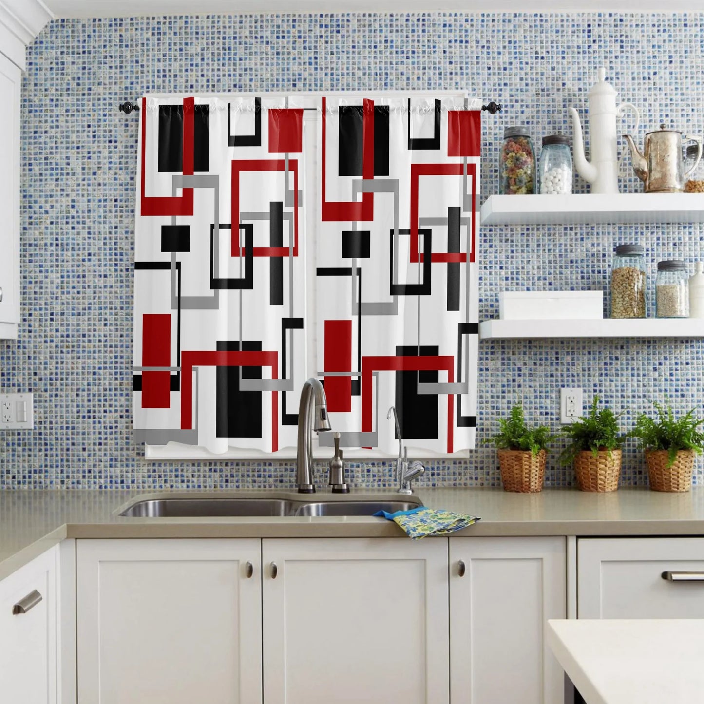 Abstract Geometric Squares Art Black Red Rod Pocket Short Curtain Half-Curtain For Home Kitchen Door Drape Cafe Small Window