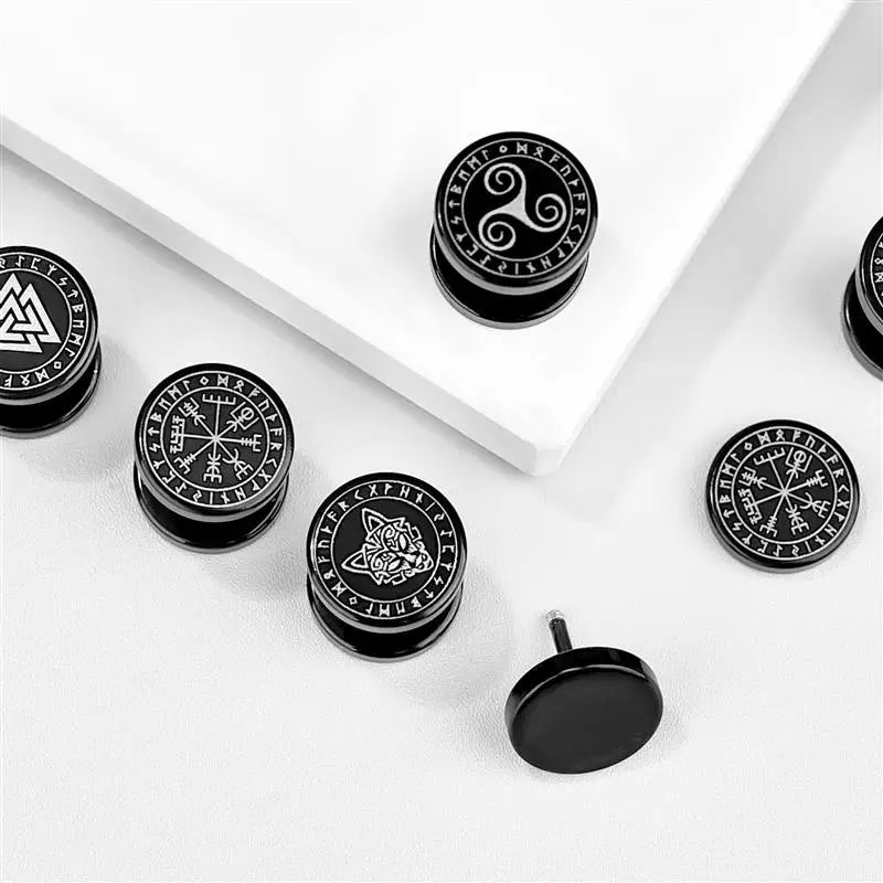 1 Pair Gothic Viking Runes Stud Earrings for Men Boys Rock Punk Stainless Steel Wolf Head Compass Celtic Knot Earrings