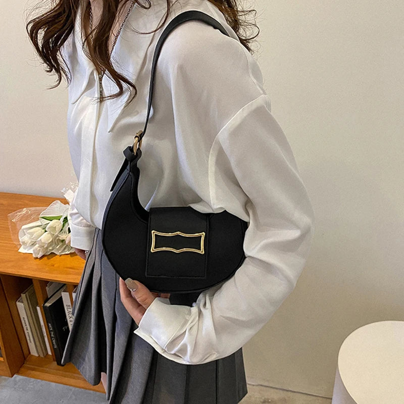 Fashion PU Leather Women's Bag Half Moon Female Shoulder Bag Designer Luxury Purse Tote Handbag Armpit Bag Black Pink Bolsas