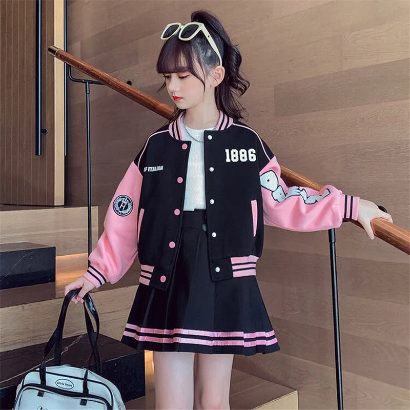 Girls Sports Clothing Suit Spring Autumn Baseball Sets Children Jacket Pleated Skirt 2Pcs Kids Fashion Outfits 4-14 Years