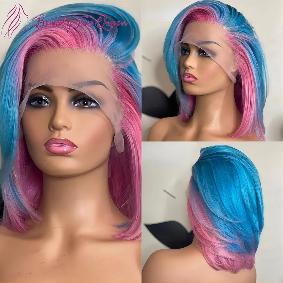 Pink Blue Straight Short Bob Wig 13x4 Lace Front Human Hair Wigs Highlight Wig Colored HD Human Hair Lace Frontal Wigs For Women