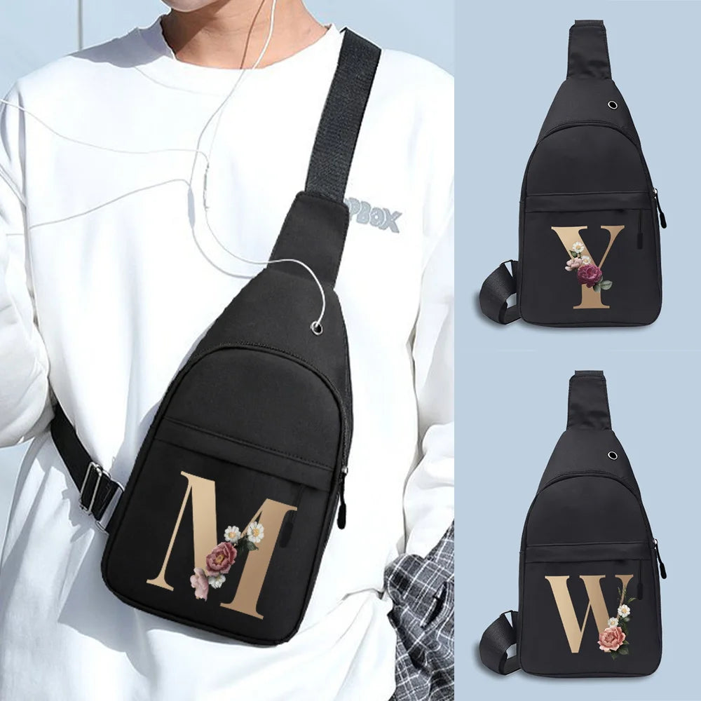 Chest Bags Men's Crossbody Bags Chest Pack with USB Charging Earphones Cable Hole Backpack Women Messenger Pouch Gold Pattern