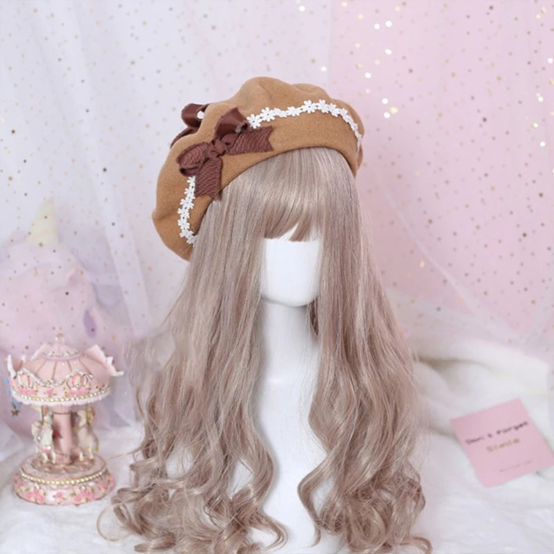 Soft Sweet daisy Bow Hat French Biscuit Hat Beret Wool Painter Side Fold Hairpin Lolita Accessory Sweet Cute Female