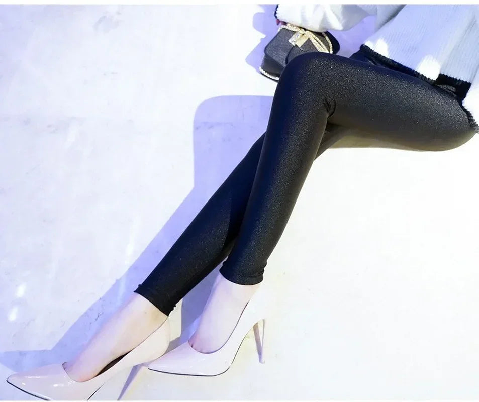 Leggings Fashion Solid Slim Pants Lady Leggings Casual Shiny Skinny Trousers Slim Thin Leggings Sexy Women Pants Fitness