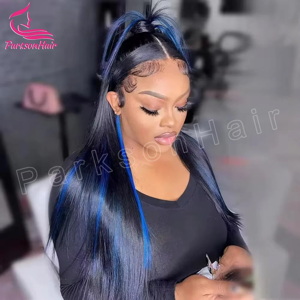 13*4 13*6 Straight Highlight  Black With Blue Lace Frontal Wigs Human Hair Wig For Black Women Brazilian  Hair Full Lace Wigs