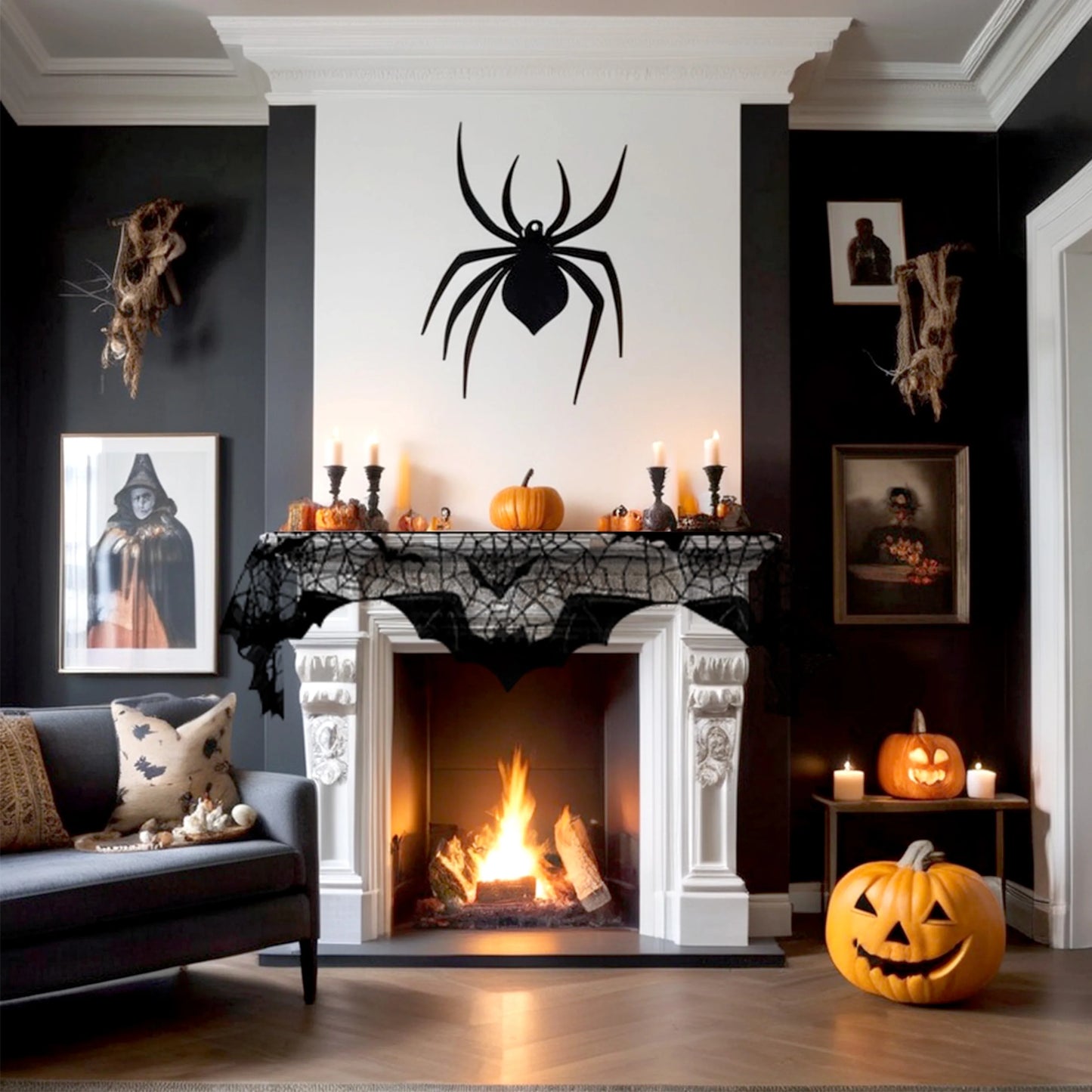 1 Pcs Halloween Spider and Bat (Skeleton) Mantel Scarf, Add Spooky Charm to Your Home Decor, Suitable for Home Outdoor Decoratio