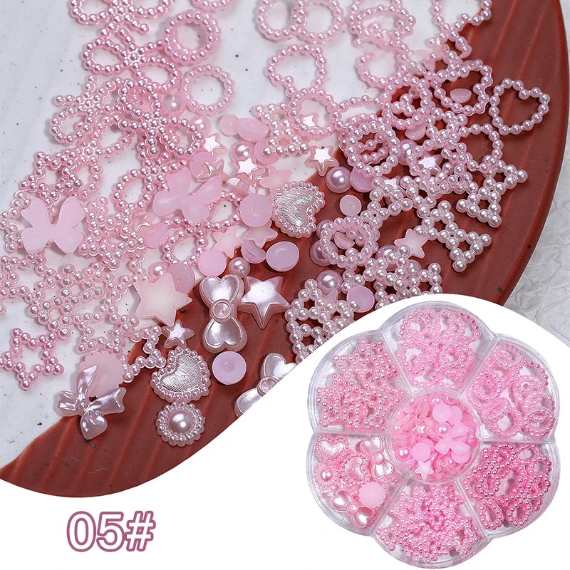 Mixed Acrylic Bowknot 3D Nail Art Decorations Flower Resin Charms Gold Beads Caviar Pearl Mixed Rhinestones Accessories Boxed