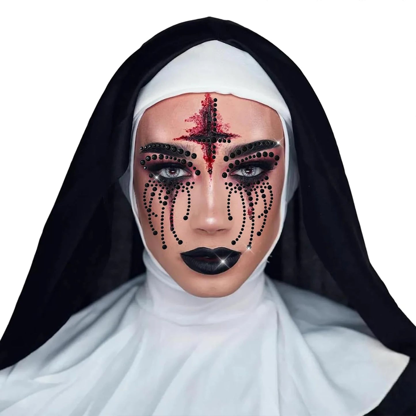 4pcs Halloween Scary Nun Costume Accessories Set ， Nun Hat Headband  Face Tattoo Sticker Nun Collar Cross Pendant Necklace