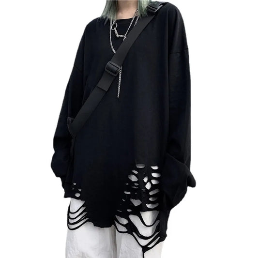 2024 Autumn Gothic Clothes Punk T-shirt Causal Loose Ripped Solid Oversized Tshirt Couples Harajuku Long Sleeve Streetwear