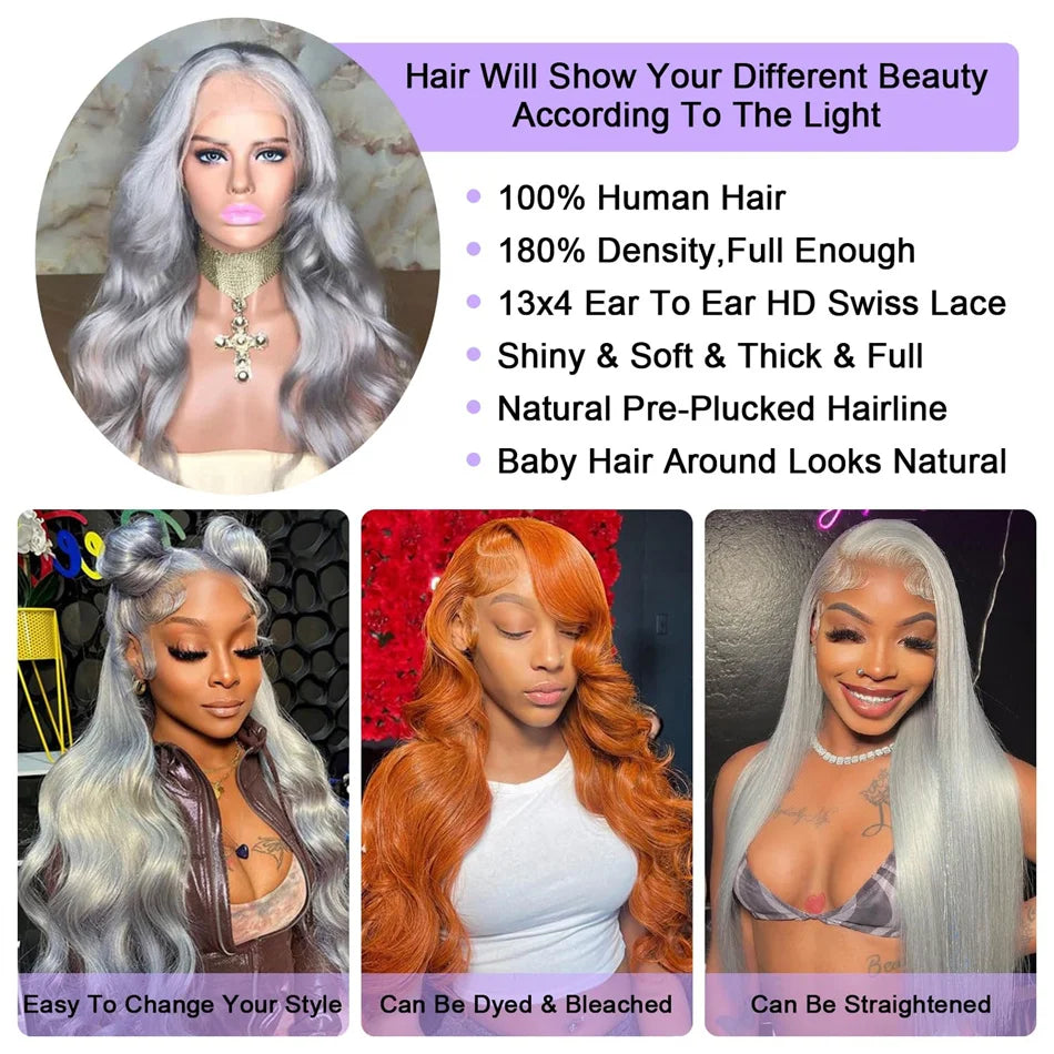 Grey Lace Front Wigs Human Hair Pre Plucked Silver Body Wave Human Hair Wig13x4 HD Transparent Lace Frontal Wig Glueless Silver