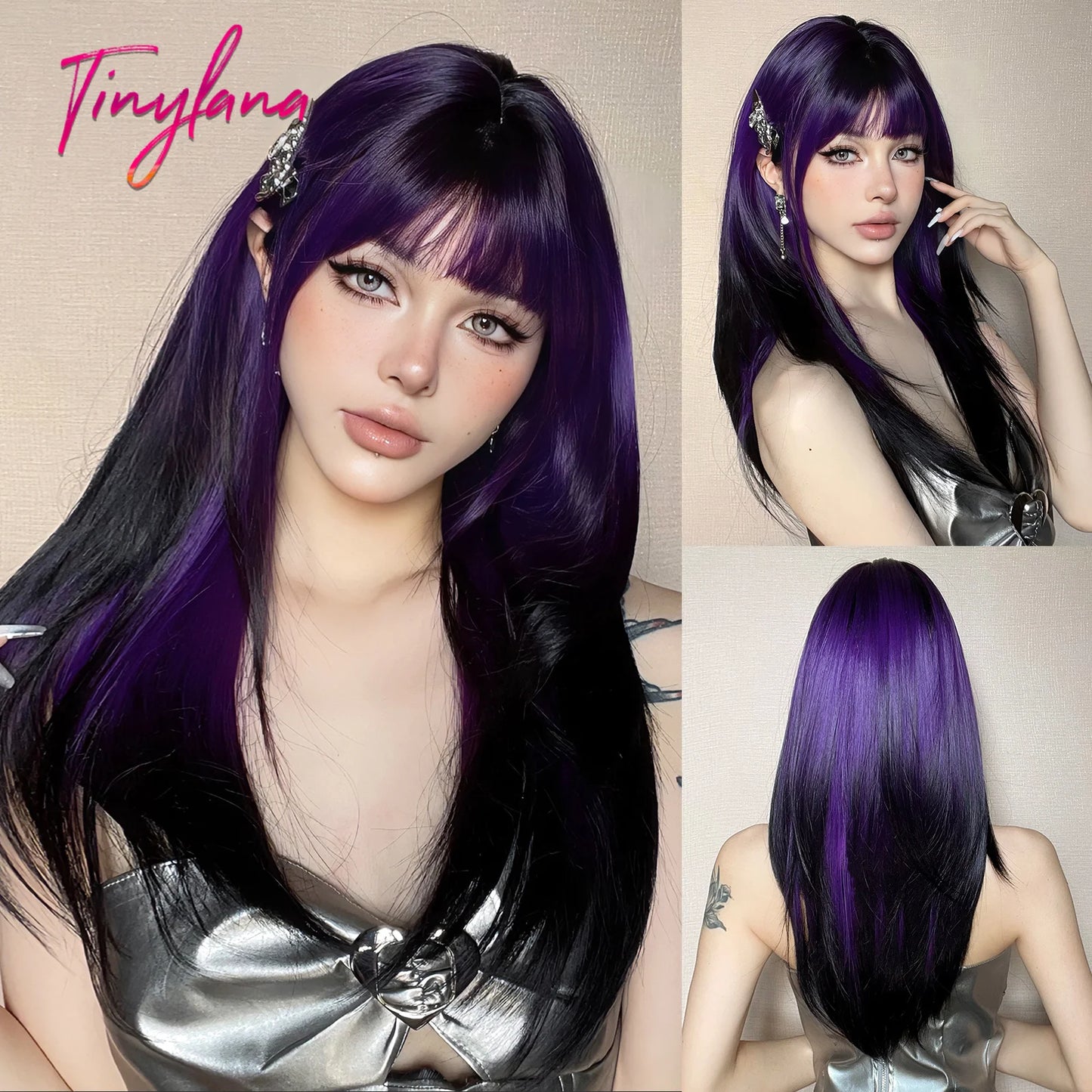 Long Ombre White Blue Synthetic Wigs with Bangs Blue Straight Colorful Cosplay Lolita Wig for Women Heat Resistant Natural Hair