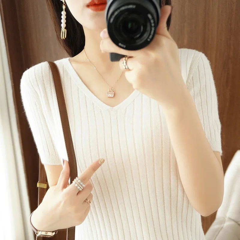 2023 Spring Summer Women Sweater V-neck Short Sleeve Tshirt Korean Fashion Knitwears Slim Fit Pullovers Bottoming Inner Knit Top