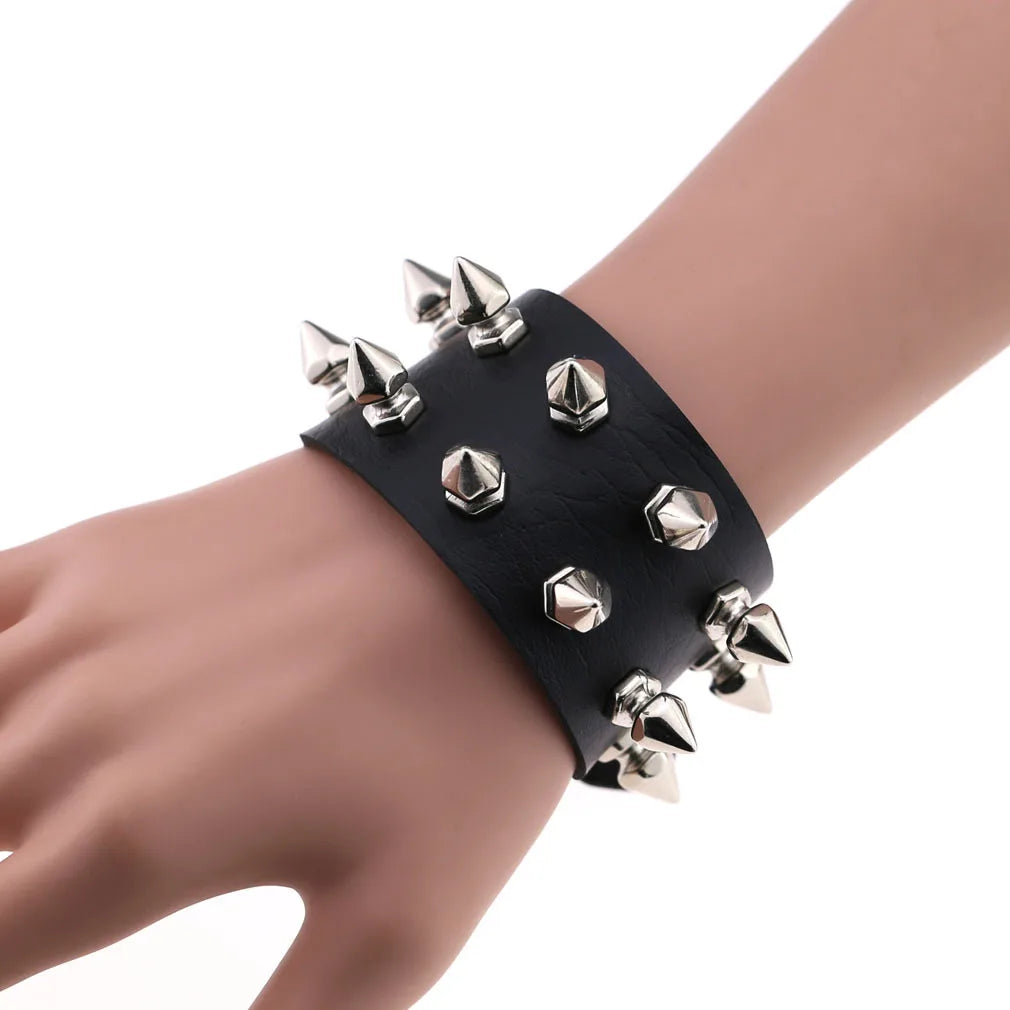 Punk Rock Gothic Black Red Pu Leather Jewelry Two Row Spike Rivet Stud Wide Cuff Bracelets For Women Men Pulsera Hombre