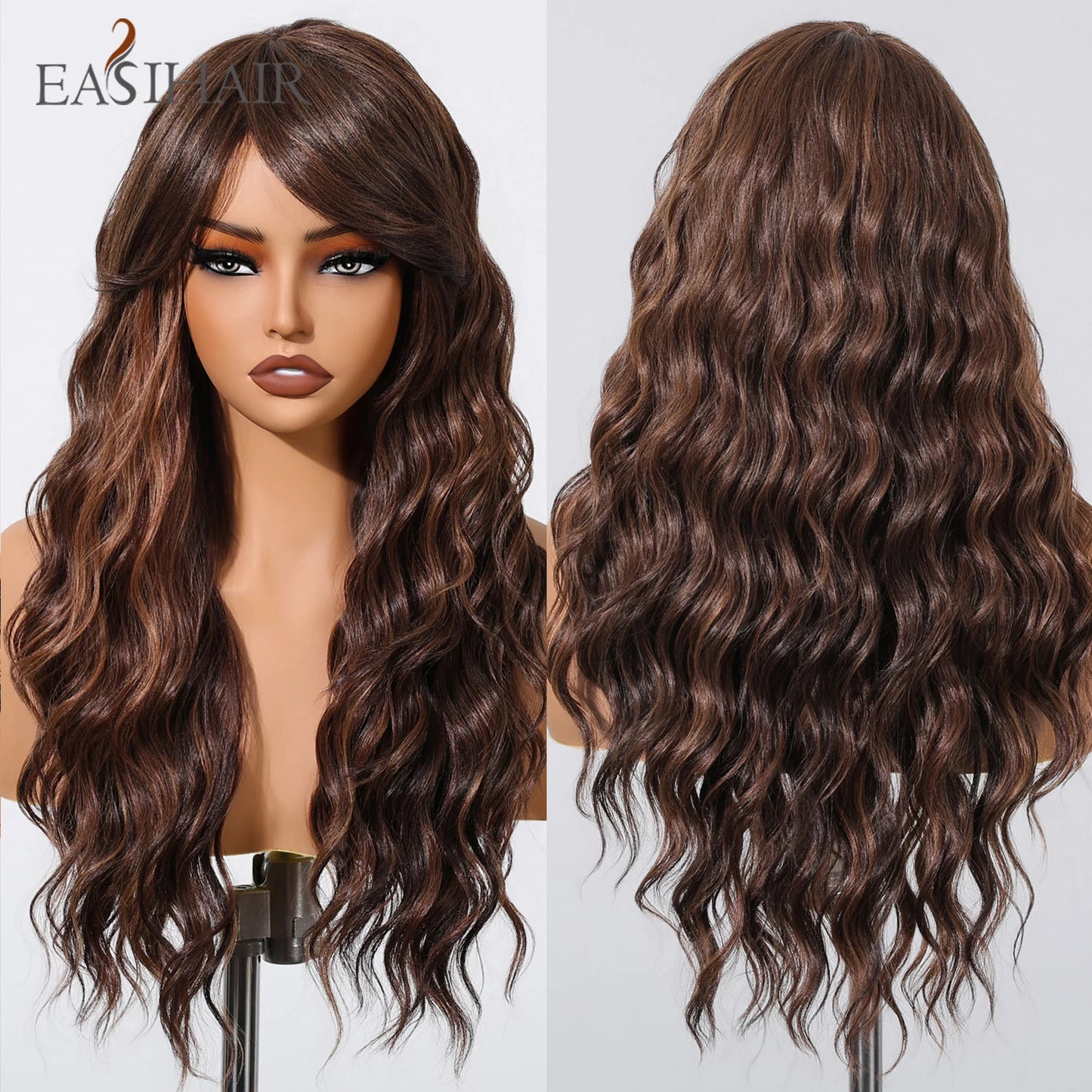 EASIHAIR Long Wavy Brown Synthetic Wigs for Women Dark Brown Wigs With Side Bangs Natural Hair for Daily Use Heat Resistant Wig