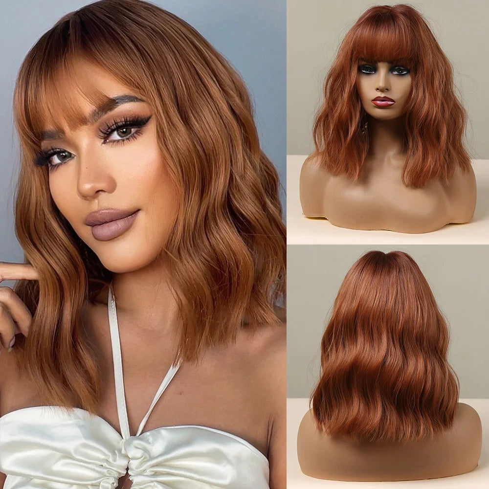 ALAN EATON Auburn Synthetic Wigs with Bangs Short Wavy Wig Red Brown Curly Hair for Party Cosplay Heat Resistant Fiber Wig