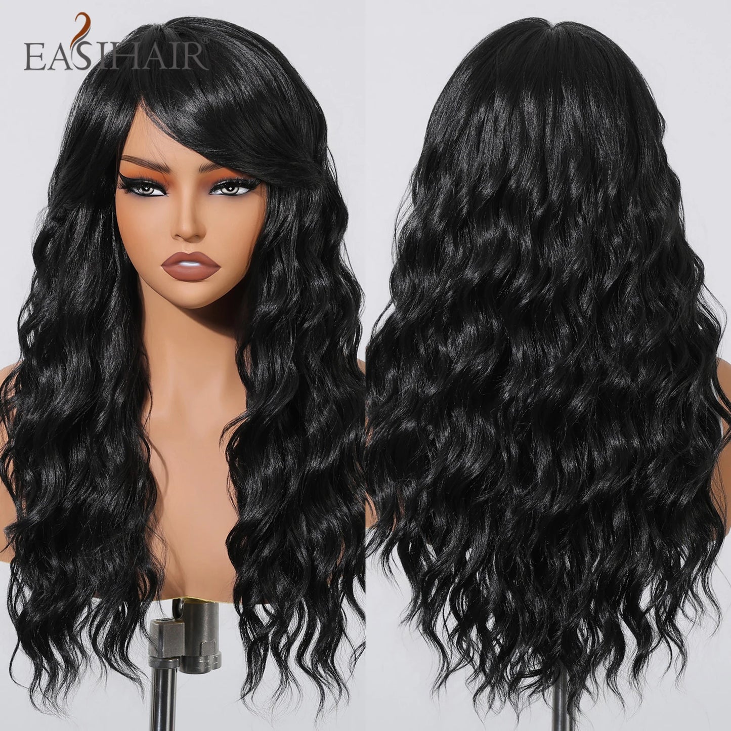 EASIHAIR Long Wavy Brown Synthetic Wigs for Women Dark Brown Wigs With Side Bangs Natural Hair for Daily Use Heat Resistant Wig