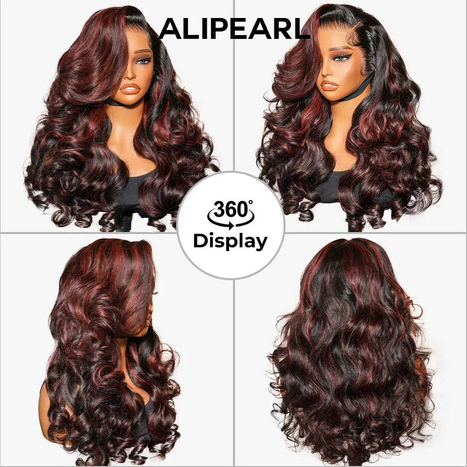 AliPearl Hair Burgundy Red Highlight Color Wig Customized Wave 5×7 Lace Closure & 13×4 Lace Frontal Wig Pre Cut Lace Pre Plucked