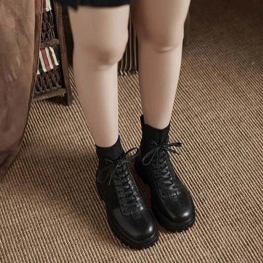 Booties Lace-up Sock Black Female Ankle Boots Punk Style Footwear Combat with Laces Short Shoes for Women Fashion 2023 New Rock