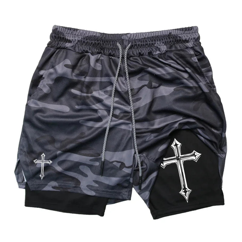 Cross Print 2 in 1 Workout Running Shorts for Men Christian Gym Athletic Shorts with Compression Liner Phone Pocket Towel Loop