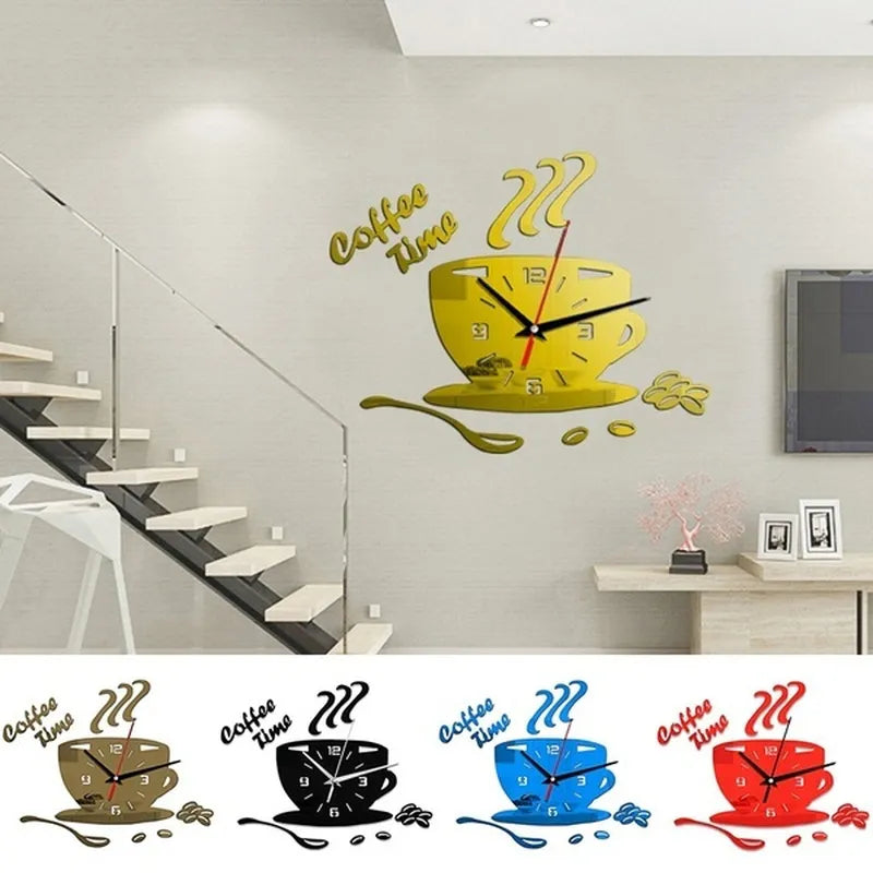 3D Creative Acrylic DIY Mirror Wall Clock Simple Home Digital Wall Sticker Decoration Mute Coffee Cup Wall Sticker Quartz Clock