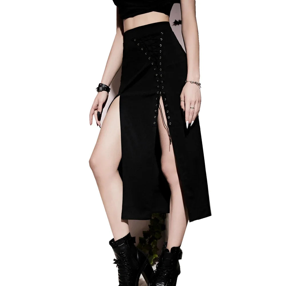 Goth Dark Grunge Aesthetic Split Female Mini Skirts Mall Gothic Short Front Long Back Bottoms Buckle Sexy Streetwear Skirt