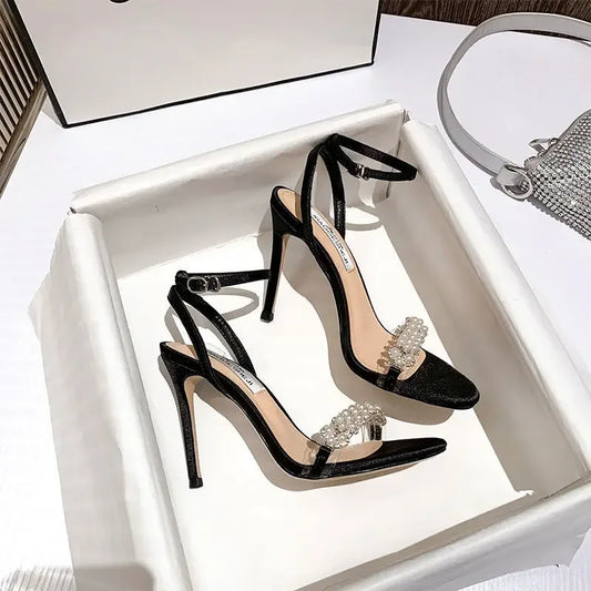 2024 New Summer Pearl Thin Heel High Heel Shoes Women's Streetwear Dress Sandals One-piece Strap Open-toe Shoes