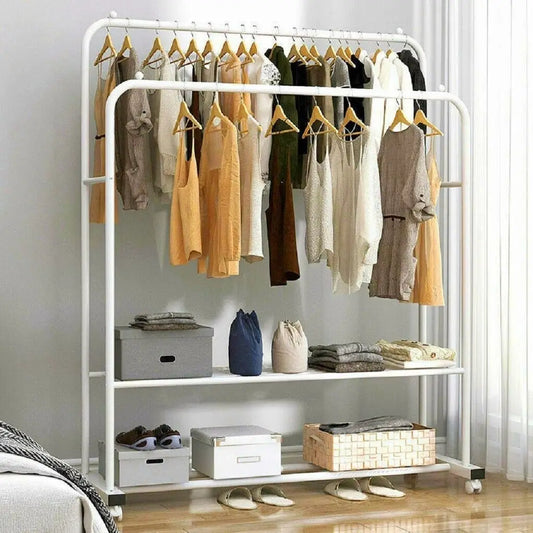 Heavy Duty Rolling Garment Rack Cloth Hanger Stand Metal Storage Shoes Organizer