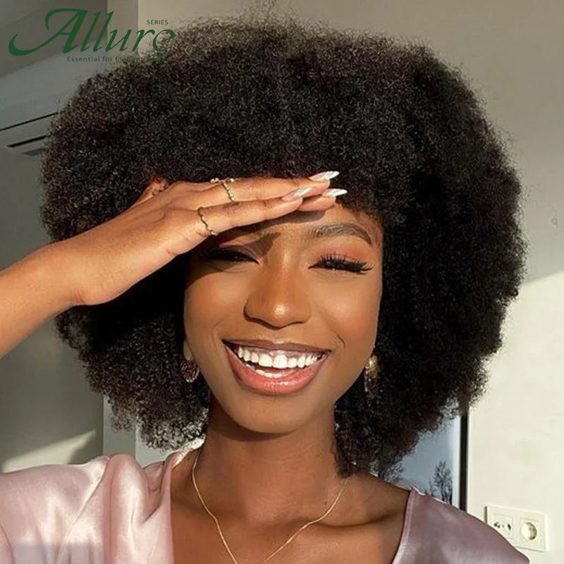 Fluffy Afro Kinky Curly Wig For Black Women Remy Brazilian Human Hair Short Sassy Wear to Go Wigs Natural Brown Burgundy Allure