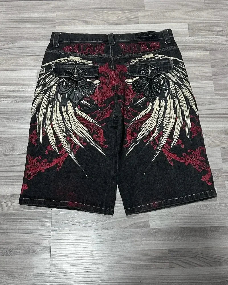 Y2K American New Gothic Alphabet Embroidered Baggy Denim Shorts Female Harajuku Retro Hip Hop Popular High Waist Wide Leg Shorts