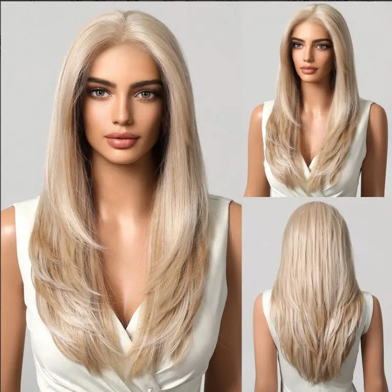 LOUIS FERRE Platinum 13*6 Lace Front Synthetic Wigs for White Women Long Straight Layered Wig Free Part Daily Party High Density