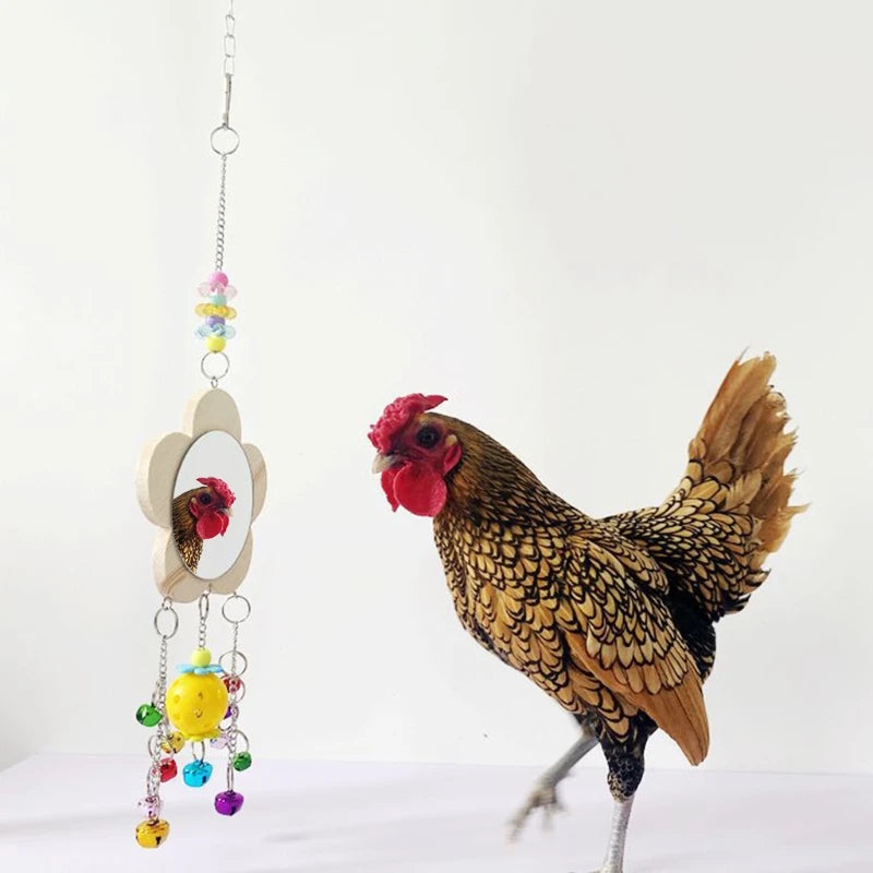 Chicken Toy Hanging Chicken Mirror Toy with Bell Wooden Pecking Toy for Coop Pet Bird Toy for macaw Parakeet Cockatiels R9CA