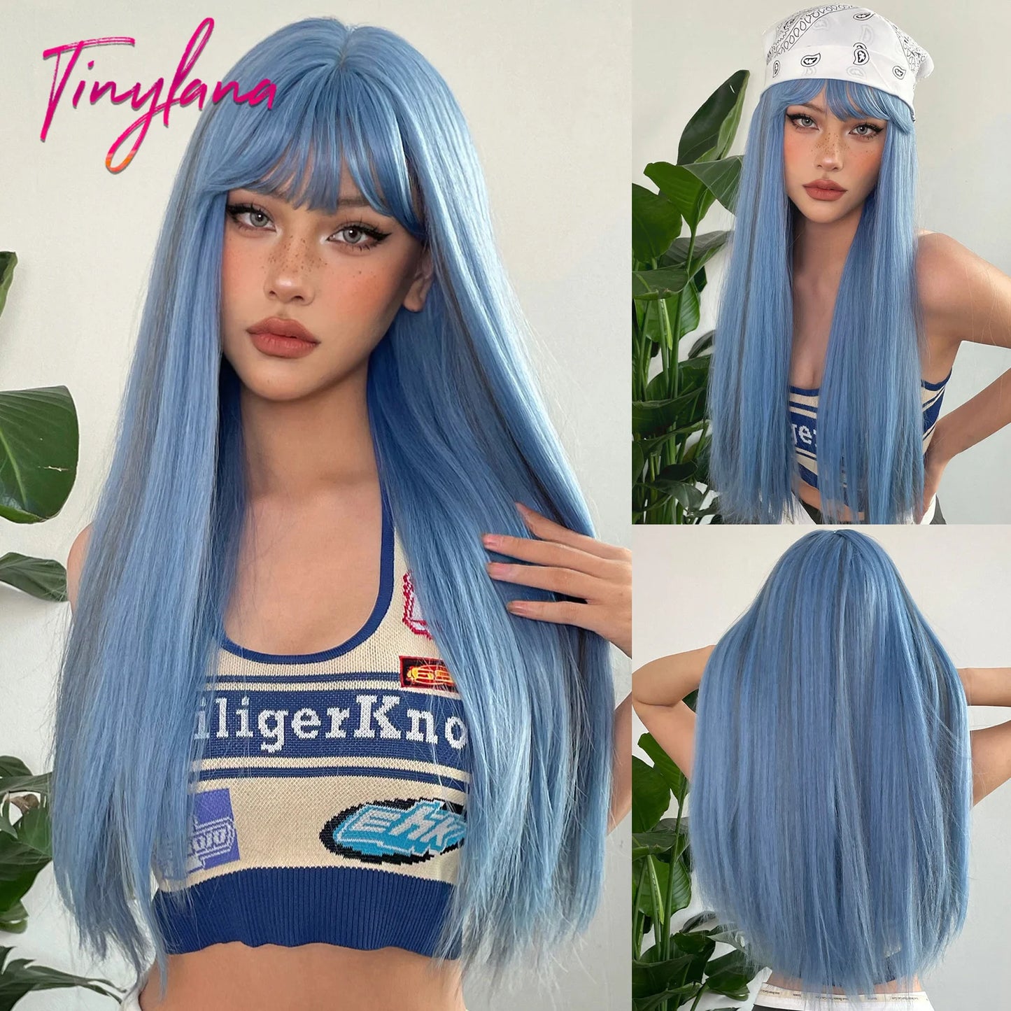 Long Ombre White Blue Synthetic Wigs with Bangs Blue Straight Colorful Cosplay Lolita Wig for Women Heat Resistant Natural Hair