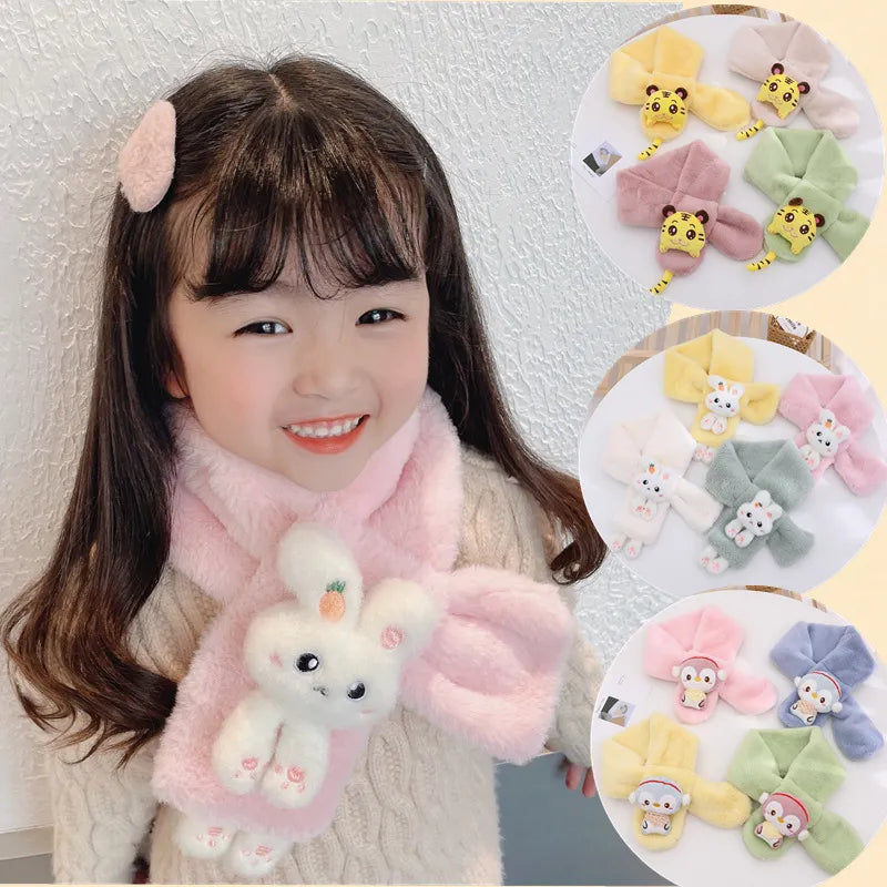 Korean Boys Girls Winter Thick Plush Cross Children's Scarf Baby Bib Cute Cartoon Rabbit Faux Fur Neck Protection Warm Shawl V49