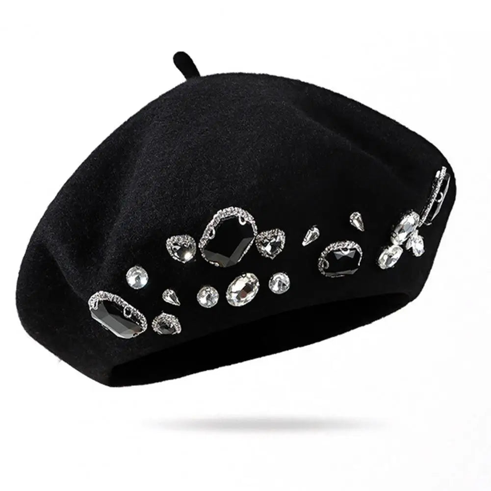 French Beret Thick Rhinestone Decor Brimless Thermal Decor Wool Artist French Style Painter Hat Women Headwear