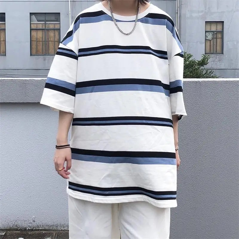 Vintage Simplicity Striped Tops Tees Summer New Men's Short Sleeve Loose All-match Casual T Shirts Trend Korean Men Clothing