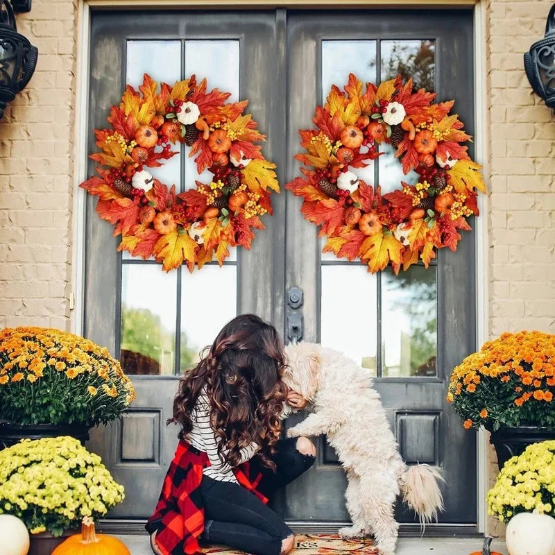 45cm Fall Wreaths Pumpkin Berry Maple Leaf Artificial Wreath Harvest Autumn Front Door Wreath Christmas Halloween Home Decor