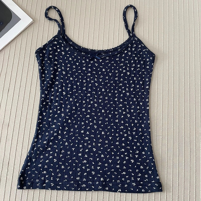 Floral Eyelet Sweet Slim Tank Tops Women Lace Trim Bow Cotton Sleeveless Summer Camisole Female Preppy Style Cute Slim Crop Top