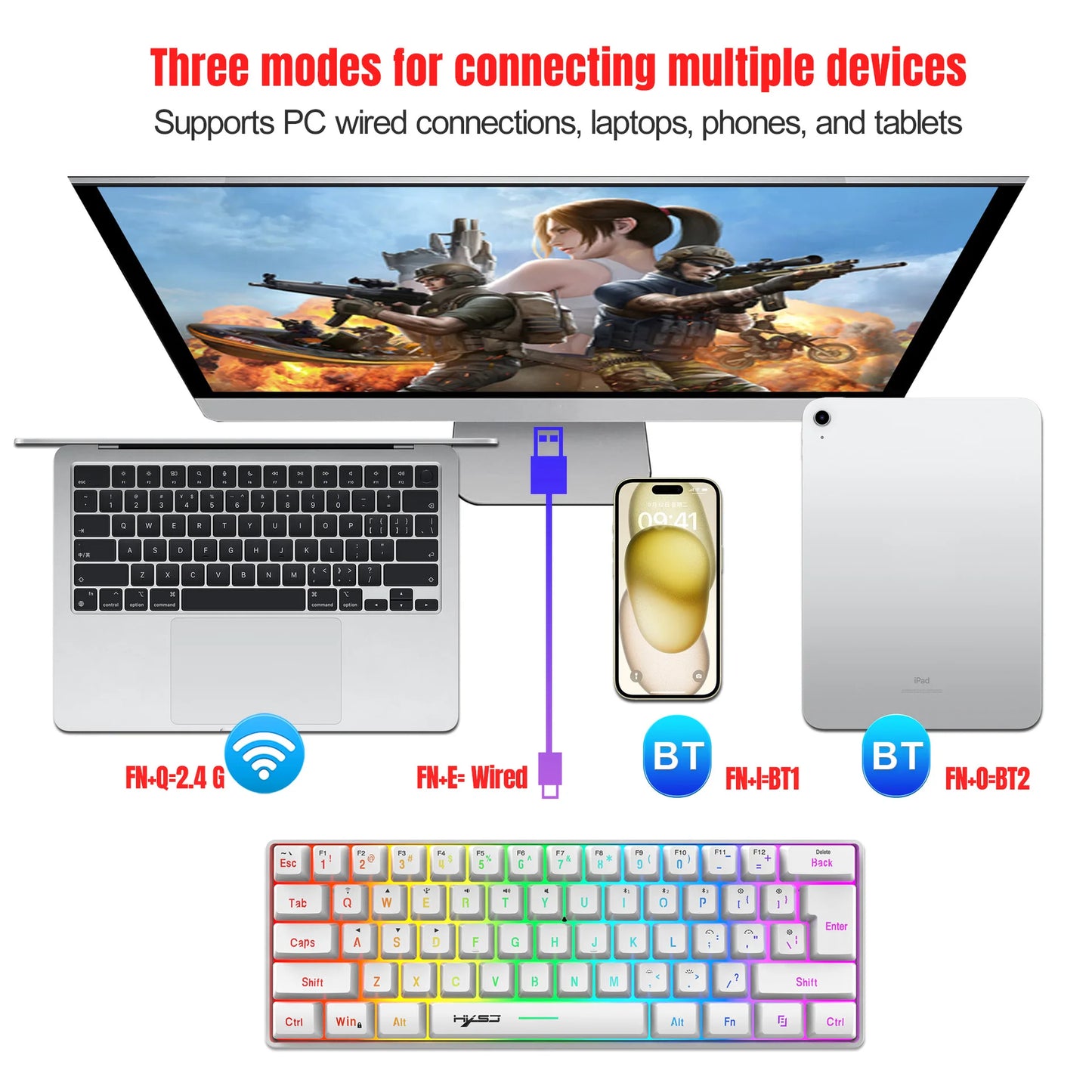 L500 Wired/Wireless Gaming Keyboard 61 Keys With Dynamic RGB Backlight For PC Laptop Gamer