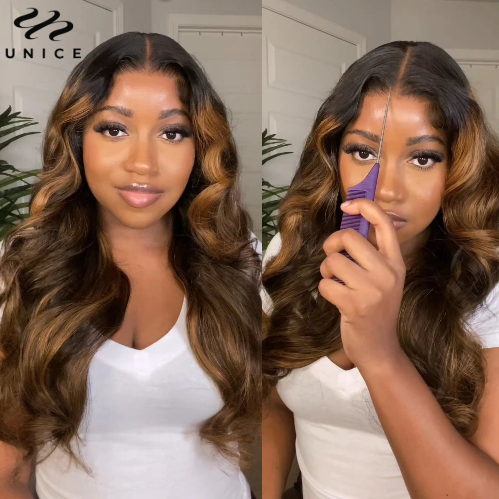 UNice 7x5 Glueless Wig Balayage Highlight Body Wave Lace Front Human Hair Wig Pre Cut Pre Bleached Pre Plucked Human Hair Wigs