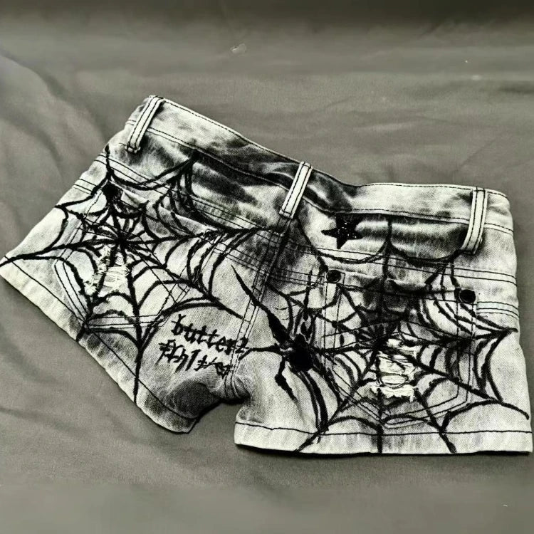 Street Punk Spider Web Printed Diamond Skull Star Denim Shorts Sexy Low-waisted Hot Short Panrts Summer New Jeans for Women