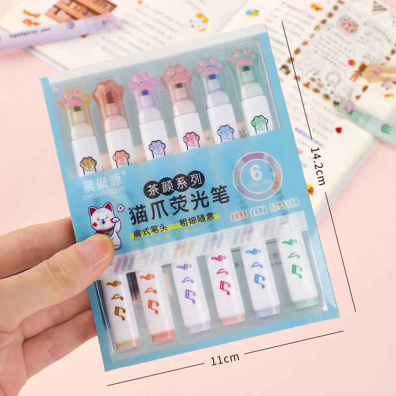 6 Pieces Set Kawaii Cat Paw Highlighter 6 Colors Slanted Tip Markers Liquid Ink for Student School Stationery Office Supplies