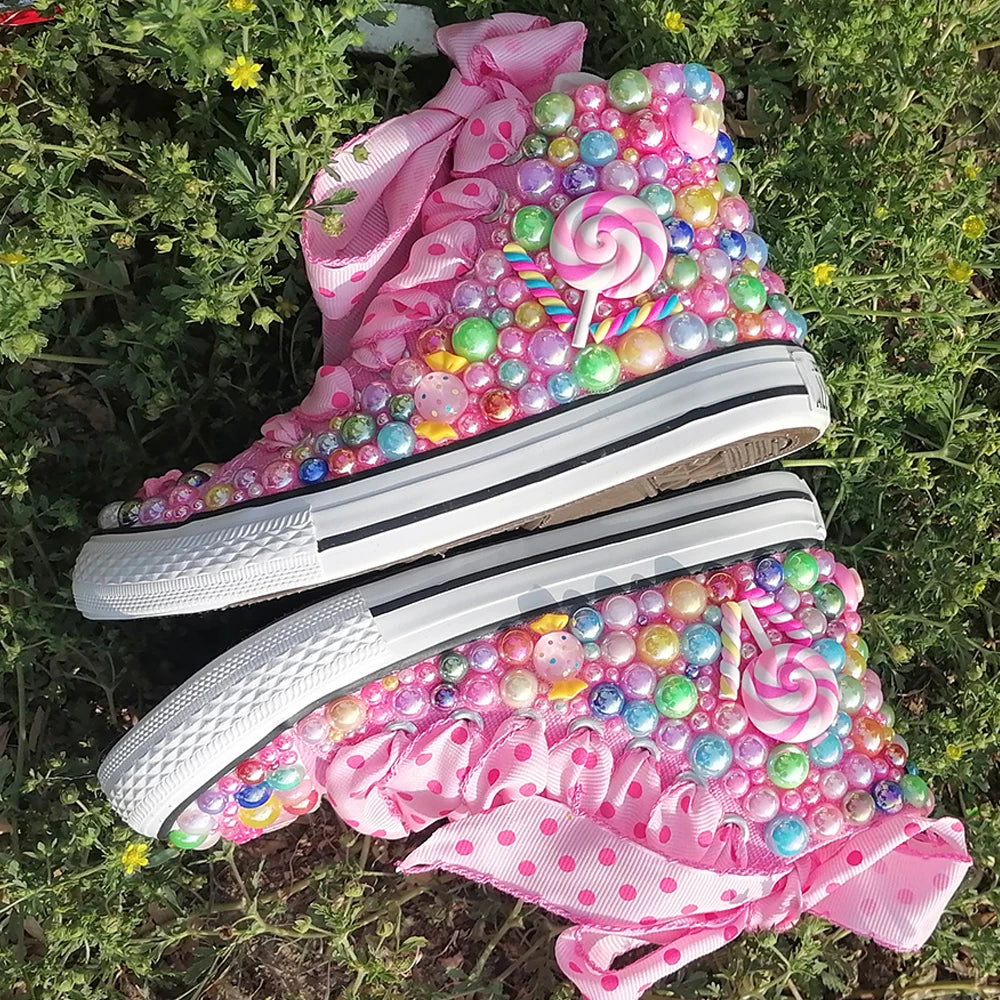 Handmade Rhinestones Bling Girls Womens Kids And Mother Candy Canvas Shoes Pearls Sneakers For Girl Birthday Party Wedding