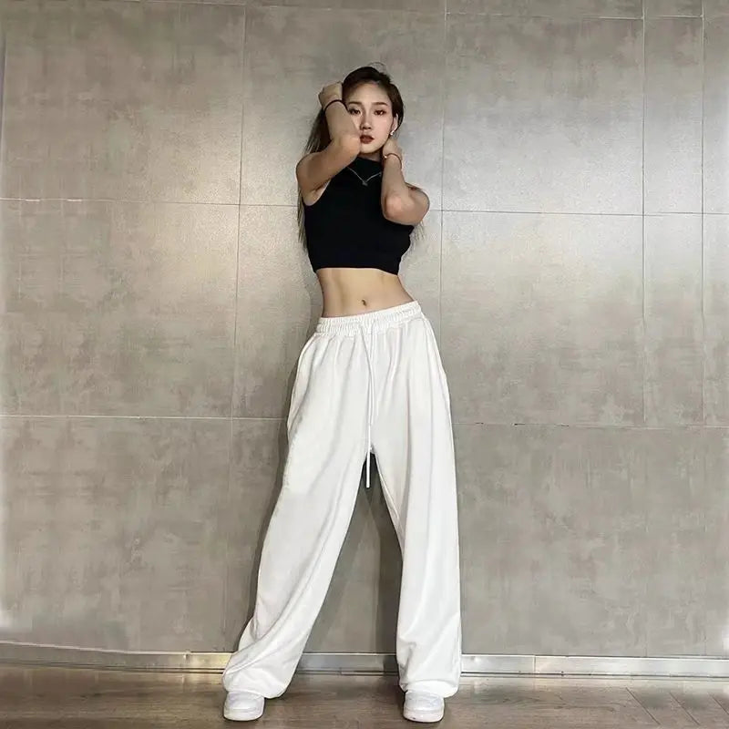 Hip Hop Leggings Sports Women's Spring and Autumn Patchwork High Waisted Drawstring Pockets Solid Color Loose Casual Jazz Pants