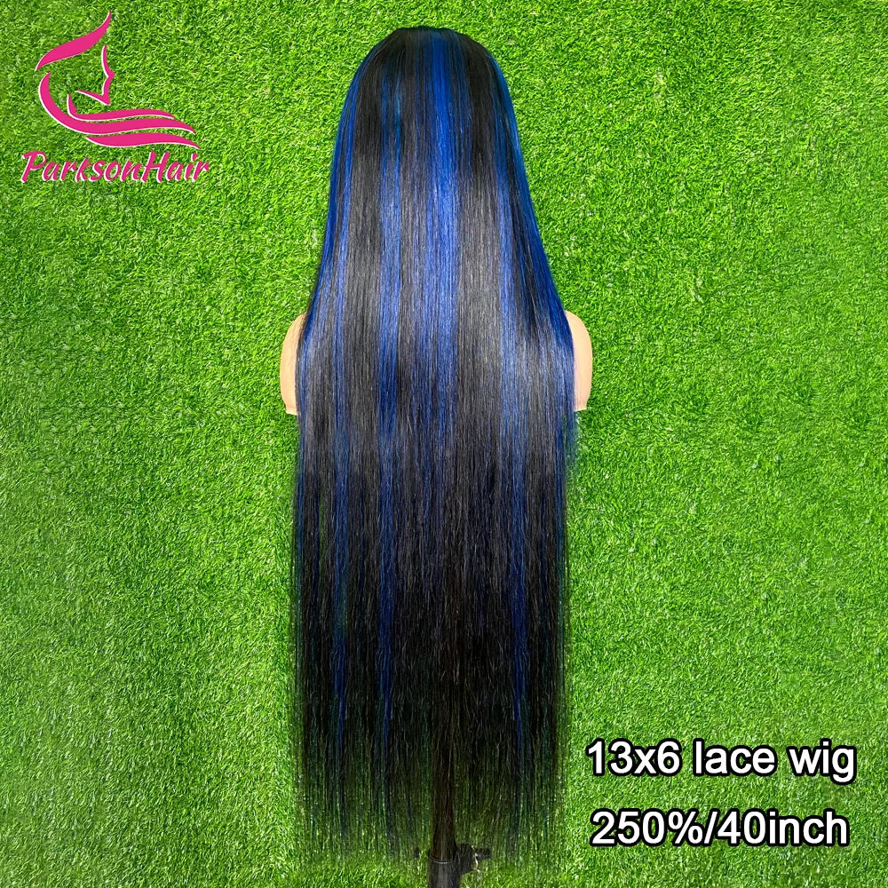 13*4 13*6 Straight Highlight  Black With Blue Lace Frontal Wigs Human Hair Wig For Black Women Brazilian  Hair Full Lace Wigs