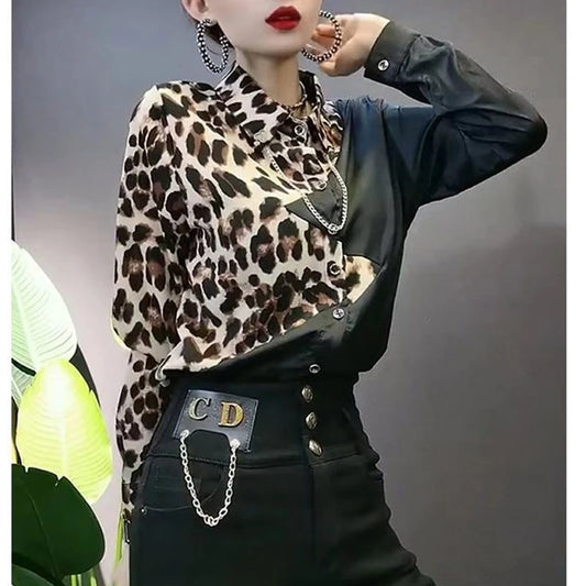 Women Clothing High Street Leopard Print Shirt Tops Spring Autumn Polo Neck Long Sleeve Patchwork Fashion Blouse Vintage Casual