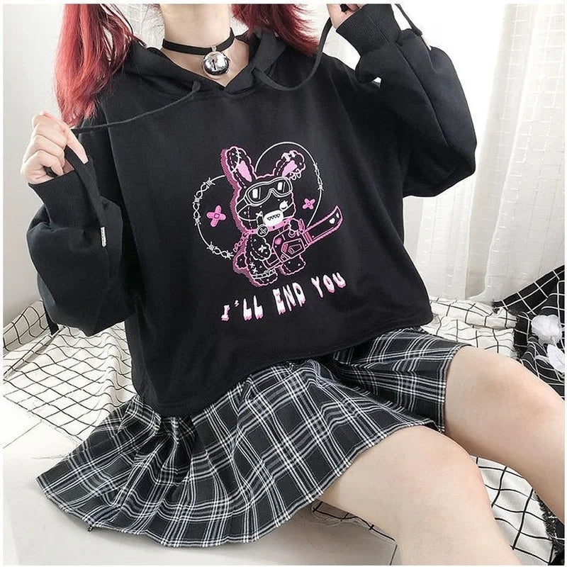 Spring Autumn New Hoodies Punk Gothic Patchwork Hollow Out Y2k Clothes Cartoon Print Casual Loose Preppy Style Crop Sweatshirts