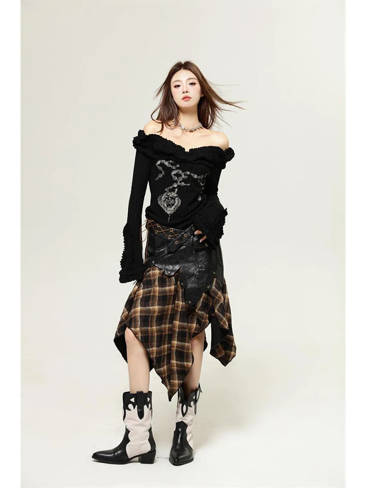 Women's Patchwork Leather Plaid Skirt Harajuku Y2k Vintage Skirts 90s Aesthetic Fashion A-Line Skirt Emo 2000s Punk Goth Clothes