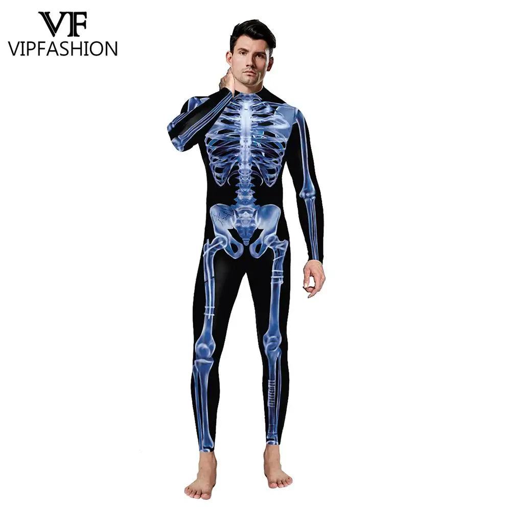 VIP FASHION Adult Skeleton Cospaly Costume Unisex Halloween Ghost Jumpsuit Carnival Party Zentai Bodysuit Scary Show Outfit Suit