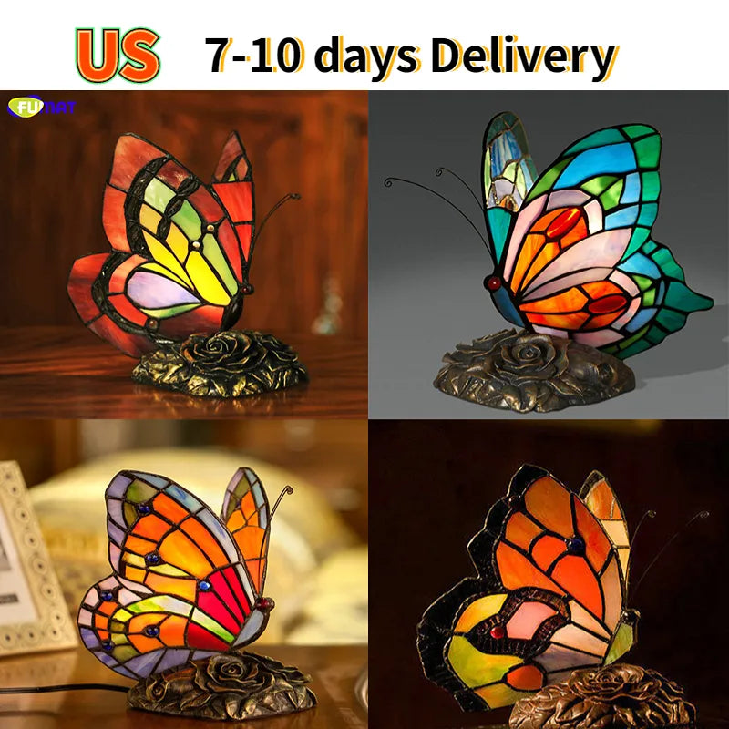 Tiffany Table Lamp Retro Stained Glass Butterfly Desk Lamp Hotel Decor Table Lamp Bedroom LED Night Light Christmas Decoration